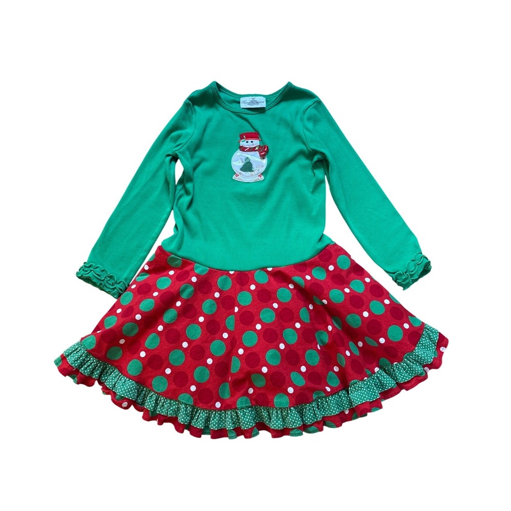 Rare Editions Christmas Dress Kids Green Red Snowman Polka Dot Ruffle SIZE 6‎